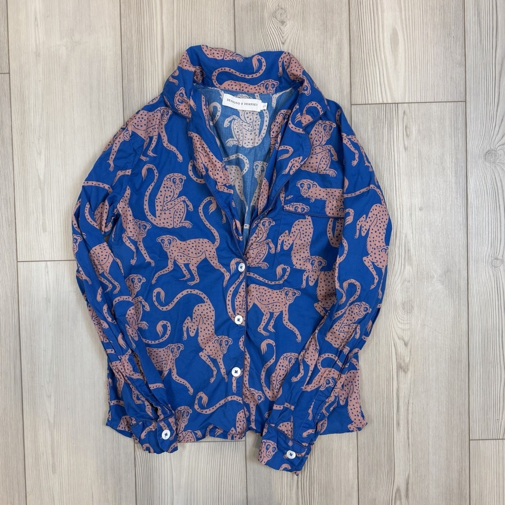 Desmond & Dempsey Chango Monkey Print Cotton Pajama Top Blue Pink Small READ